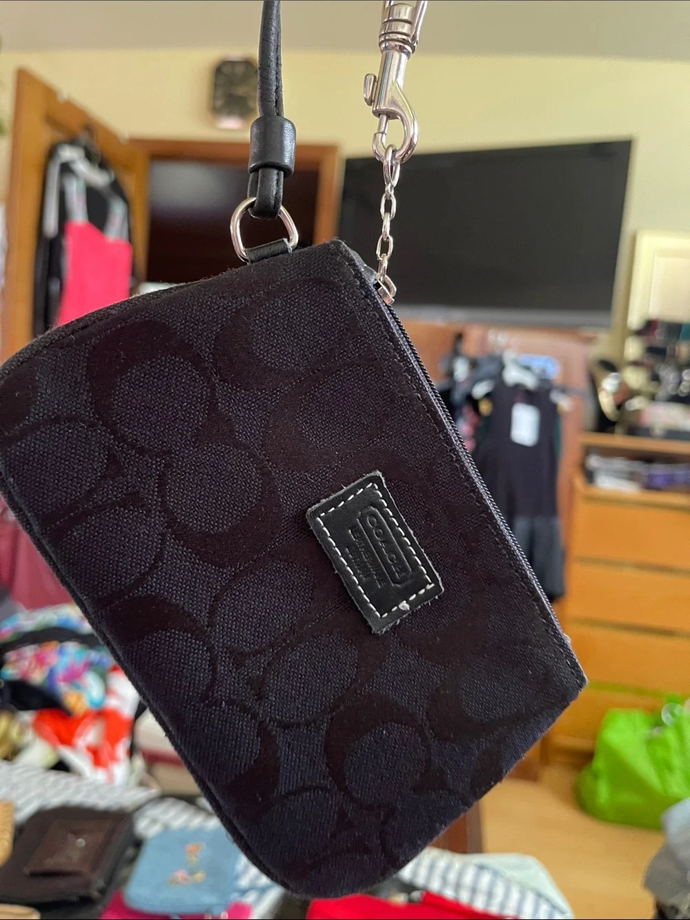 Coach Black Signature Zip Wristlet Phone Case with Gold Hardware